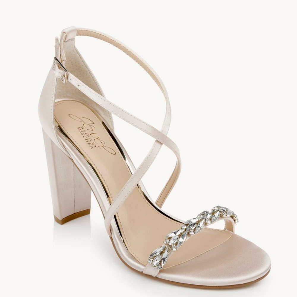 JEWEL BAGLEY MISCHKA champagne satin 
Daphne High Block Heel Sandal